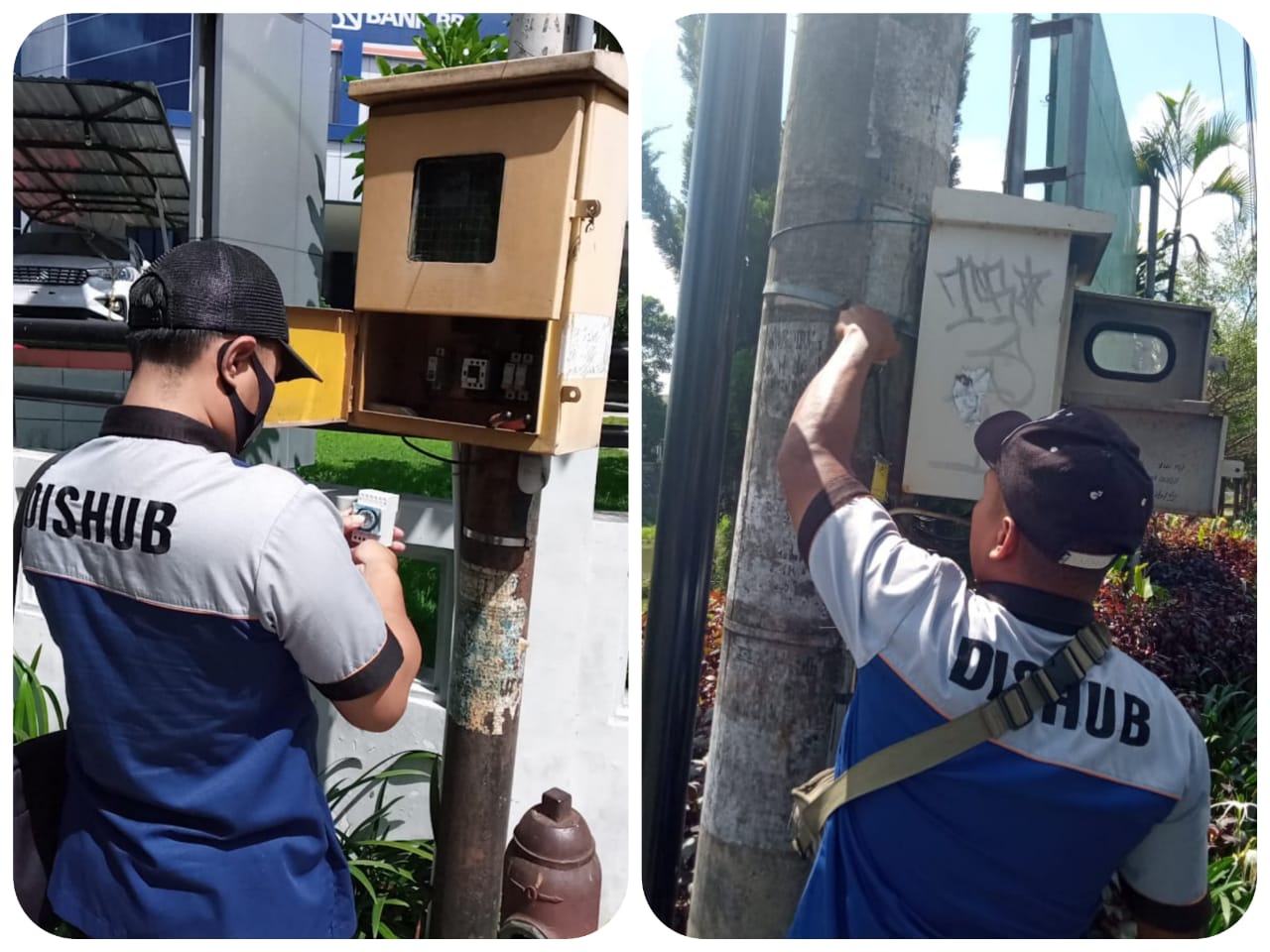 Petugas Dishub Tulungagung saat mengatur timer lampu PJU.
