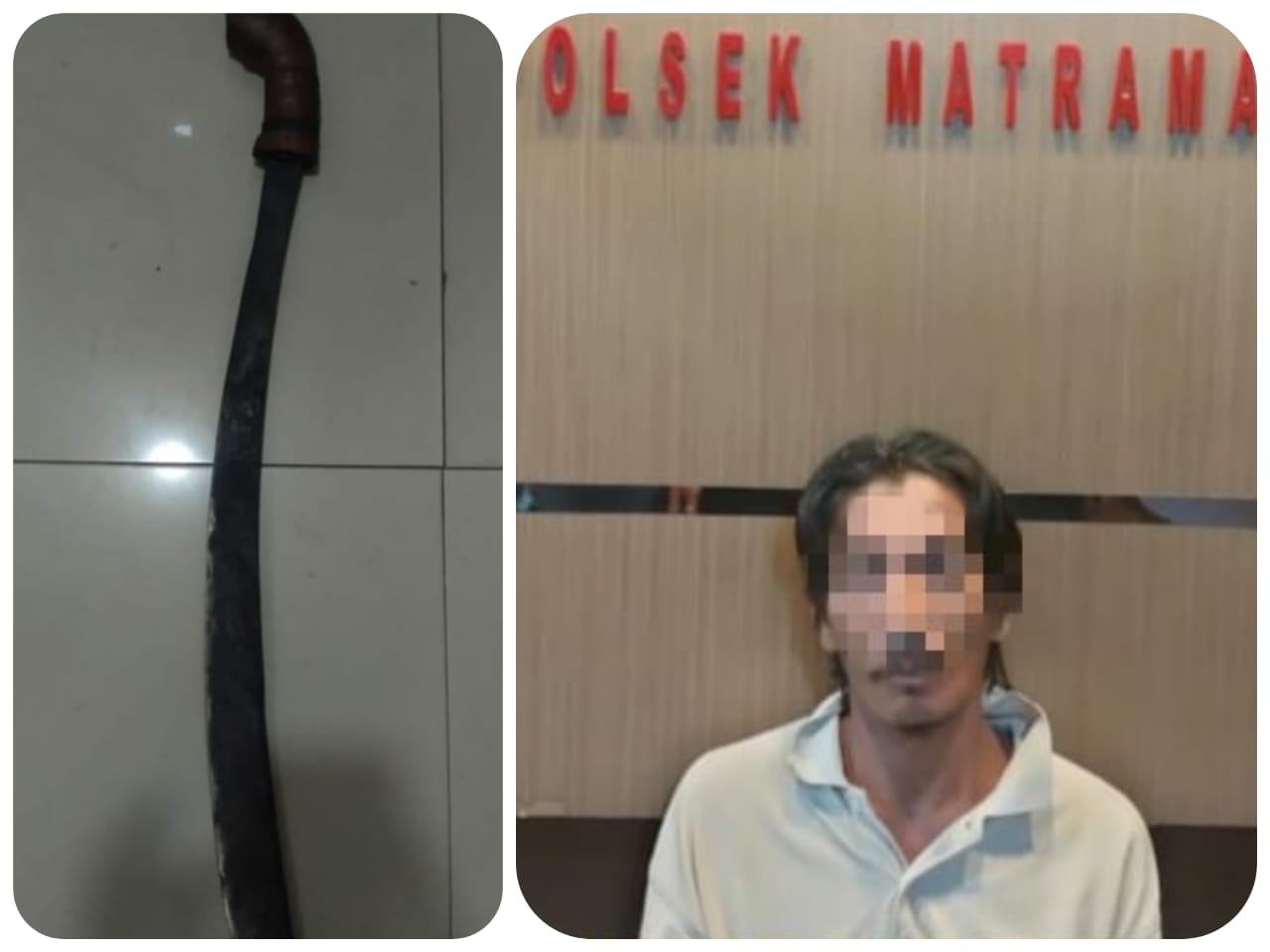 Pelaku Penganiayaan sadis di Kabupaten Banjar yang menyerahkan diri beserta barang bukti parang.
