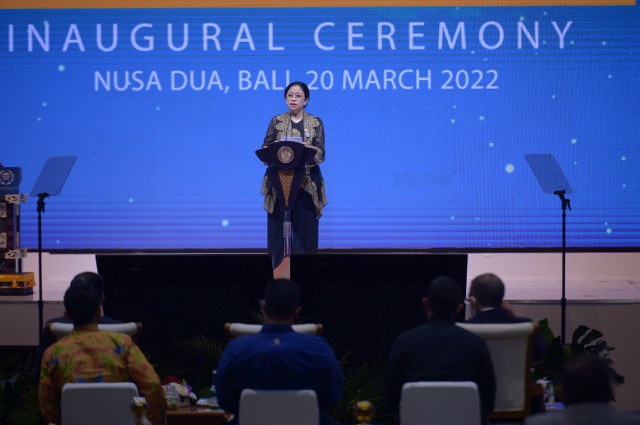 Ketua DPR RI Dr. (H.C) Puan Maharani dalam pembukaan Sidang IPU ke-144 di BICC, Nusa Dua, Bali, Minggu (20/3/2022). (dpr)