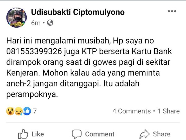 Unggahan Prof Udi di media sosial sesaat setelah dibegal pria tak dikenal di kawasan Kenjeran Surabaya. (Foto: Redaksi) 