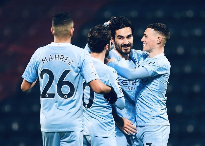 Para pemain Manchester City merayakan gol keduanya ke gawang Tottenham Hotspur dalam lanjutan Liga Inggris di Stadion Etihad, Manchester, Inggris, Sabtu (13/2/2021) waktu setempat atau Minggu (14/2/2021) WIB.