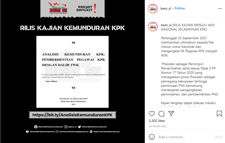 Pengumuman demo BEM SI. (Instagram BEM SI)