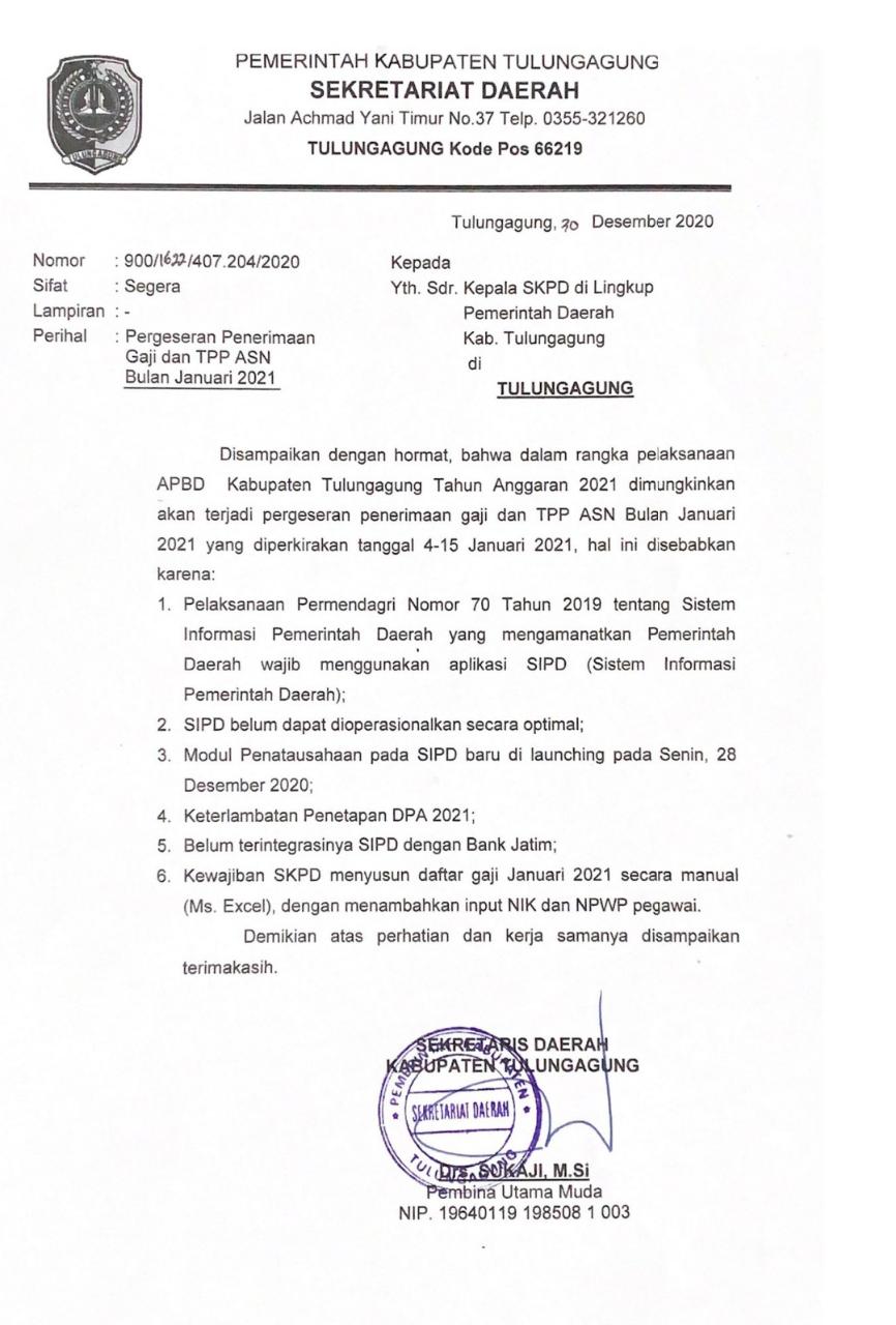 Surat pergeseran penerimaan gaji ASN Tulungagung.