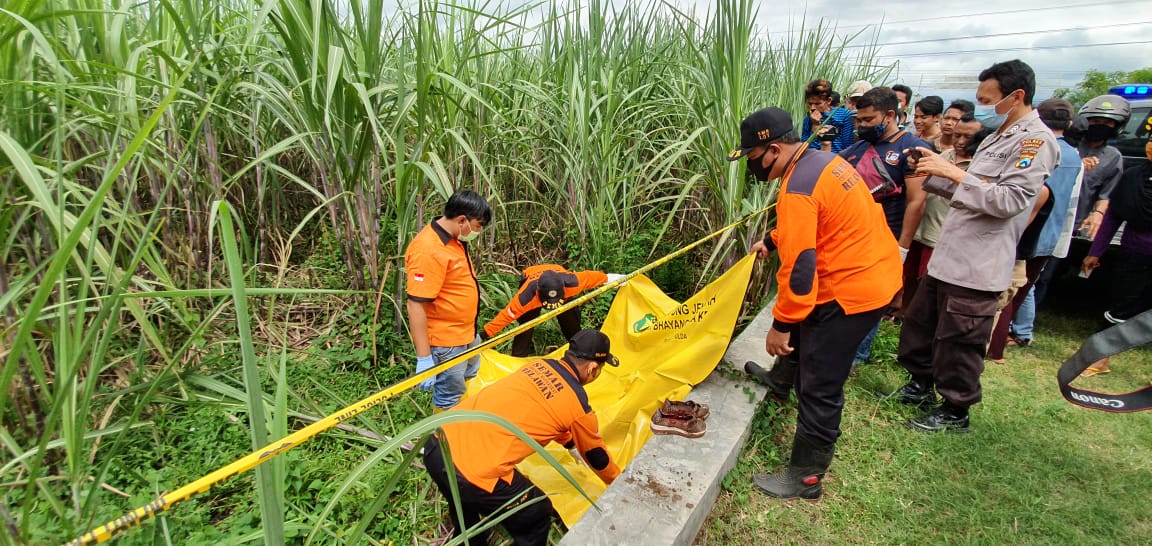 Petugas mengevakuasi mayat yang ditemukan di lahan tebu Dusun Banjarsari, Desa Rejoslamet, Kecamatan Mojowarno, Jombang, Sabtu (30/01/2021)