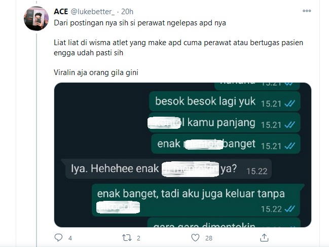 Tangkapan layar percakapan mesum yang diduga dilakukan oleh perawat dan pasien Wisma Atlet. | Twitter