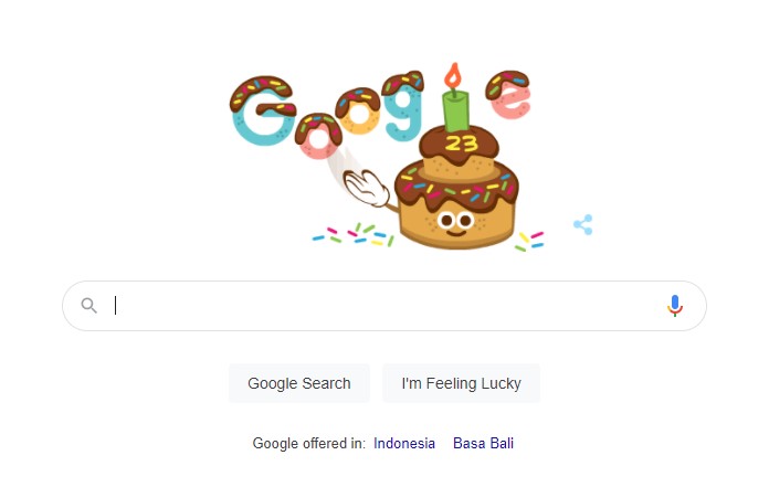 Halaman beranda atau home dari Google yang menampilkan karakter kartun kue coklat.