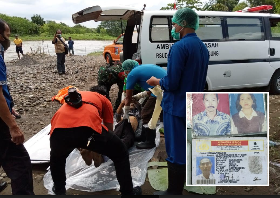 Petugas mengevakuasi penemuan mayat di Kali Brantas wilayah Desa Ngantru, Kecamatan Ngantru, Tulungagung. Inzet: Identitas korban yang ditemukan pemancing. (Foto: Yono/JP/Bacasaja.id) 