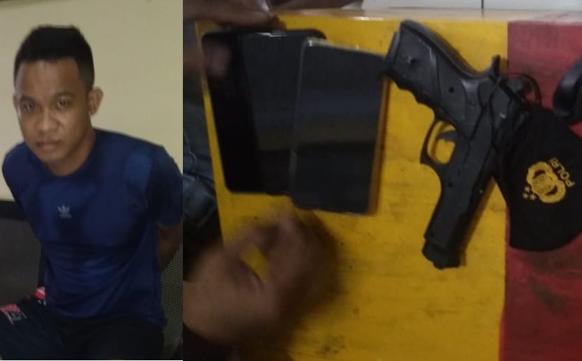 Tersangka AW dan barang bukti yang diamankan polisi. (Foto : Noyo/Bacasaja.id)