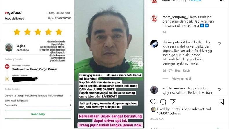 Pengemudi ojek online viral karena kejujuran. (Foto: Instagram) 