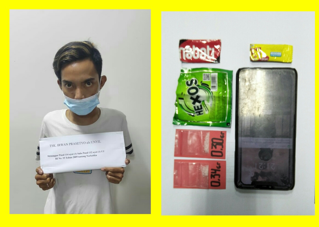 Tersangka Iwan Prasetyo beserta barang bukti yang diamankan Satreskoba Polres Gresik, Kamis (4/2/2021). (FOTO : TBK/BACASAJA.ID)