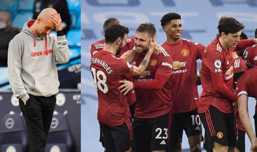 Pep Guardiola dan pemain Manchester United saat merayakan kemenangan.