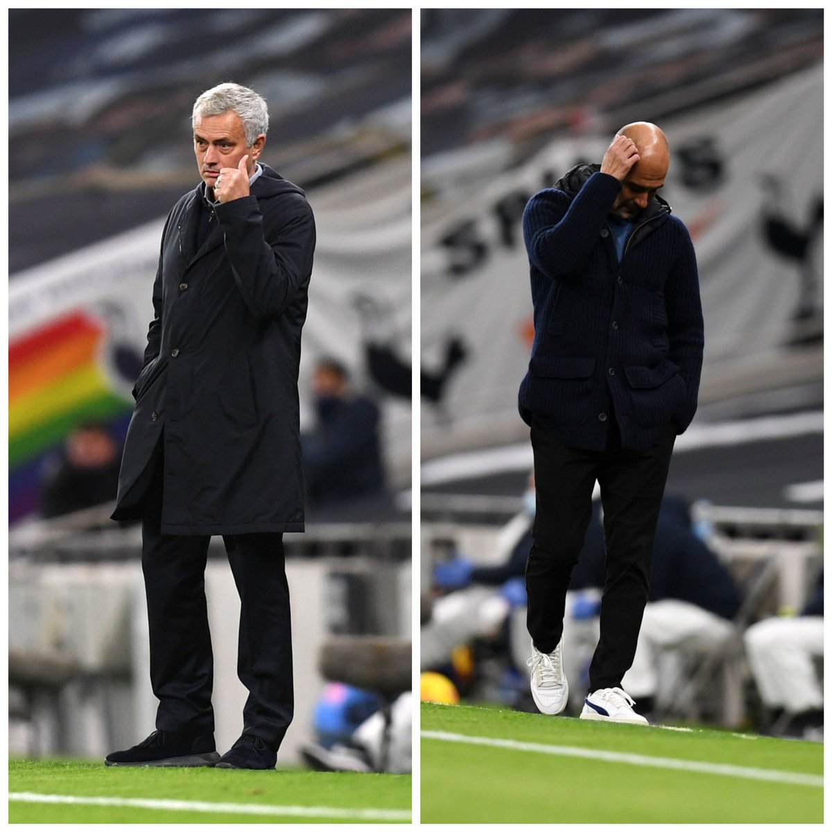 Pelatih Tottenham Hotspurs Jose Mourinho dan pelatih Manchester City Pep Guardiola.