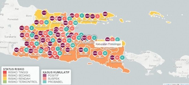 Peta sebaran Covid-19 di Jatim.