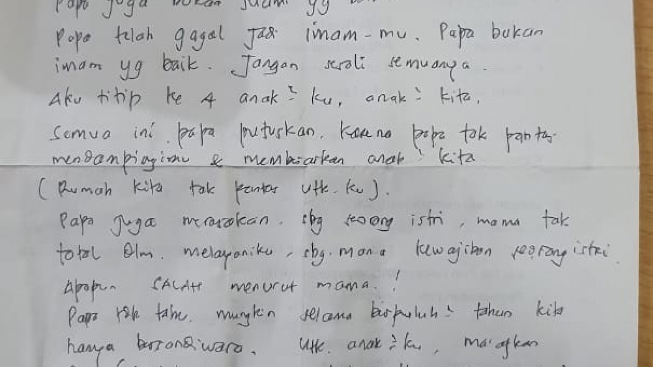 Surat wasiat yang ditinggal korban.