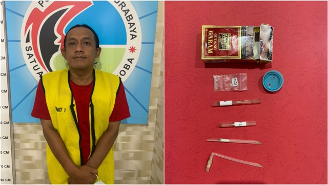 Pelaku beserta barang bukti saat diamankan di Mapolrestabes Surabaya.