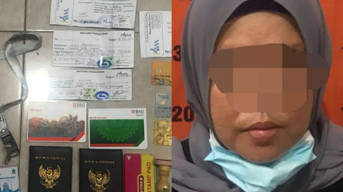 EN (45), tersangka penggelapan dana umroh dan barang buktinya.
