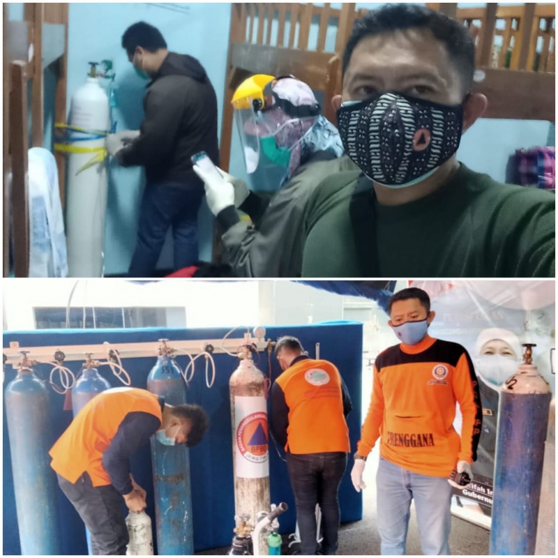 Tim Trenggana Satpol PP Jatim saat memberikan bantuan oksigen pada pasien OTG di ruang isolasi Asrama Haji dan saat mengisi ulang tabung di kantor Dishub Jatim. (Satpol PP Jatim)