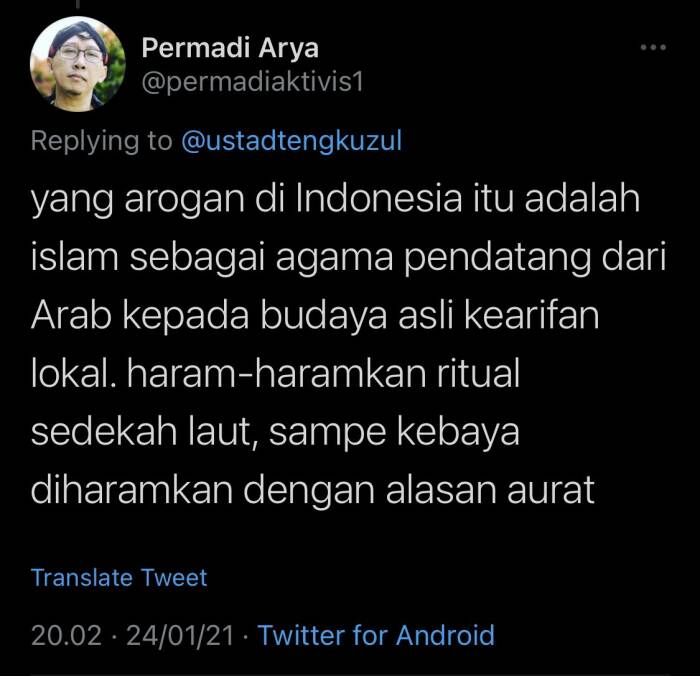 Tangkapan layar cuitan Abu Janda.