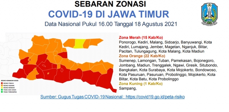 Peta sebaran Covid-19 di Jawa Timur.