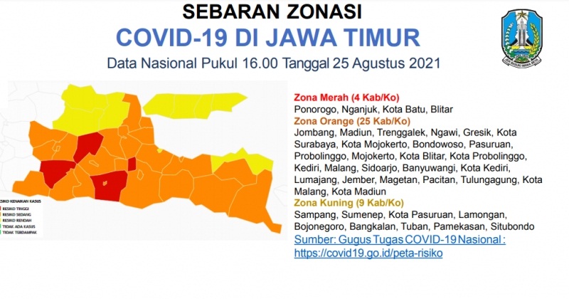Zona Covid-19 di Jatim per Rabu (25/8/2021).