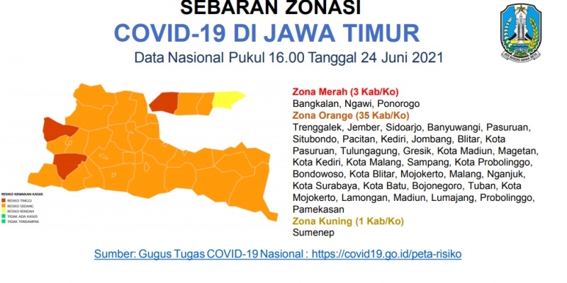Peta sebaran zonasi COVID-19 di Jatim, Kamis (24/6/2021).